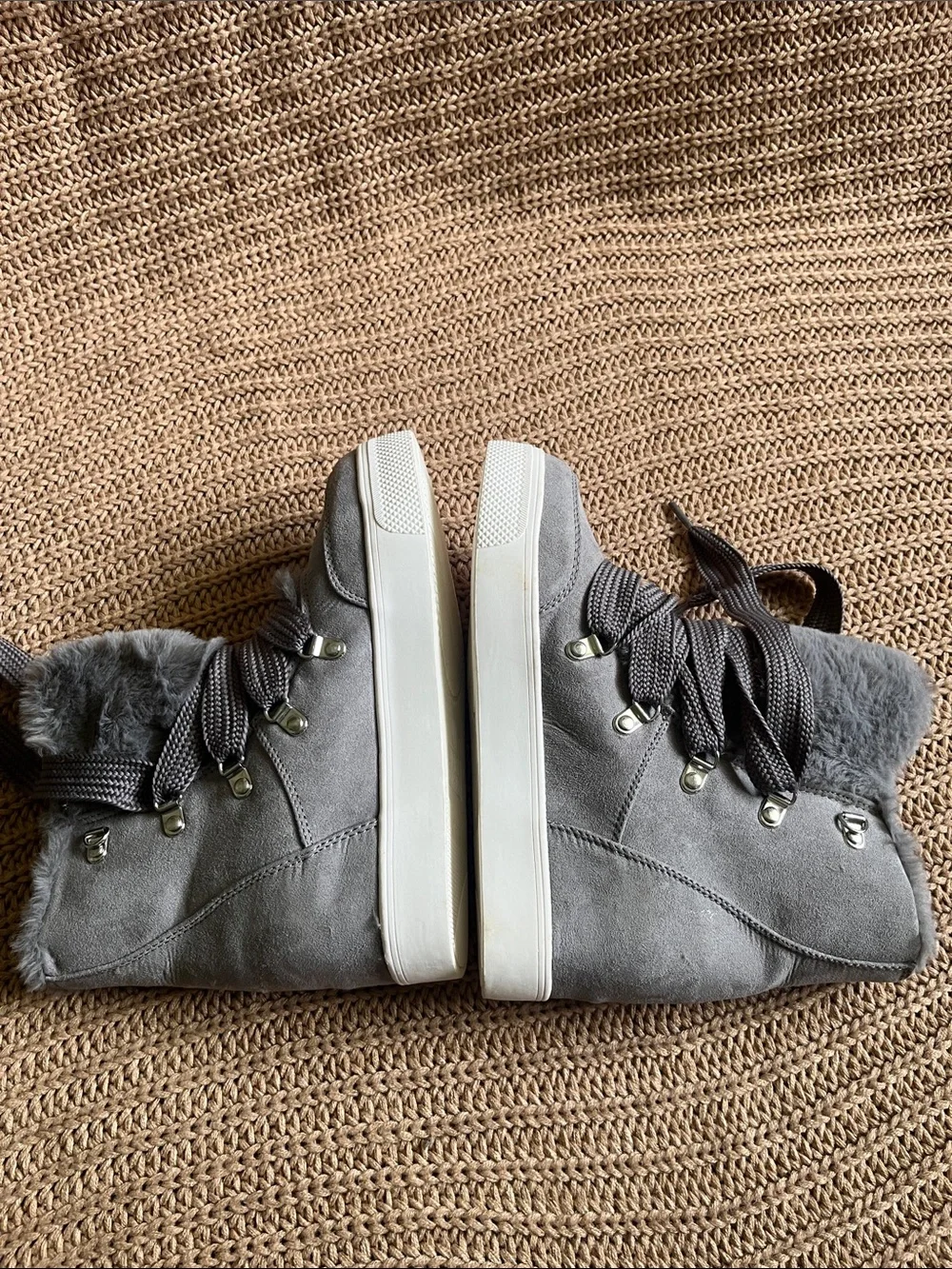 Time and Tru Gray Faux-Fur Lace-Up Winter Boots